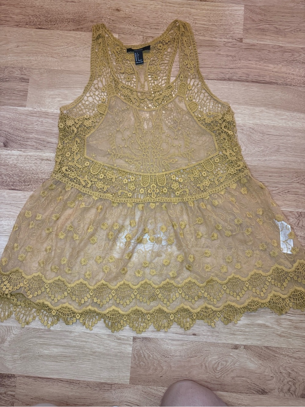 Forever 21 Lace Crochet Embroidered Racerback Tank Top Mustard Size S